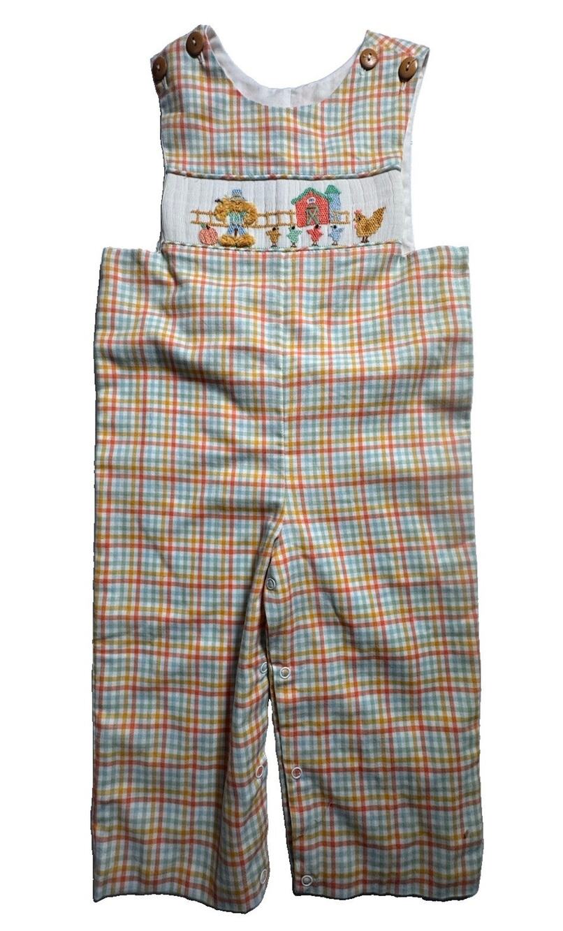 Shrimp & Grits Kids Harvest Longall 2T Plaid Farm Smocked Romper NWT